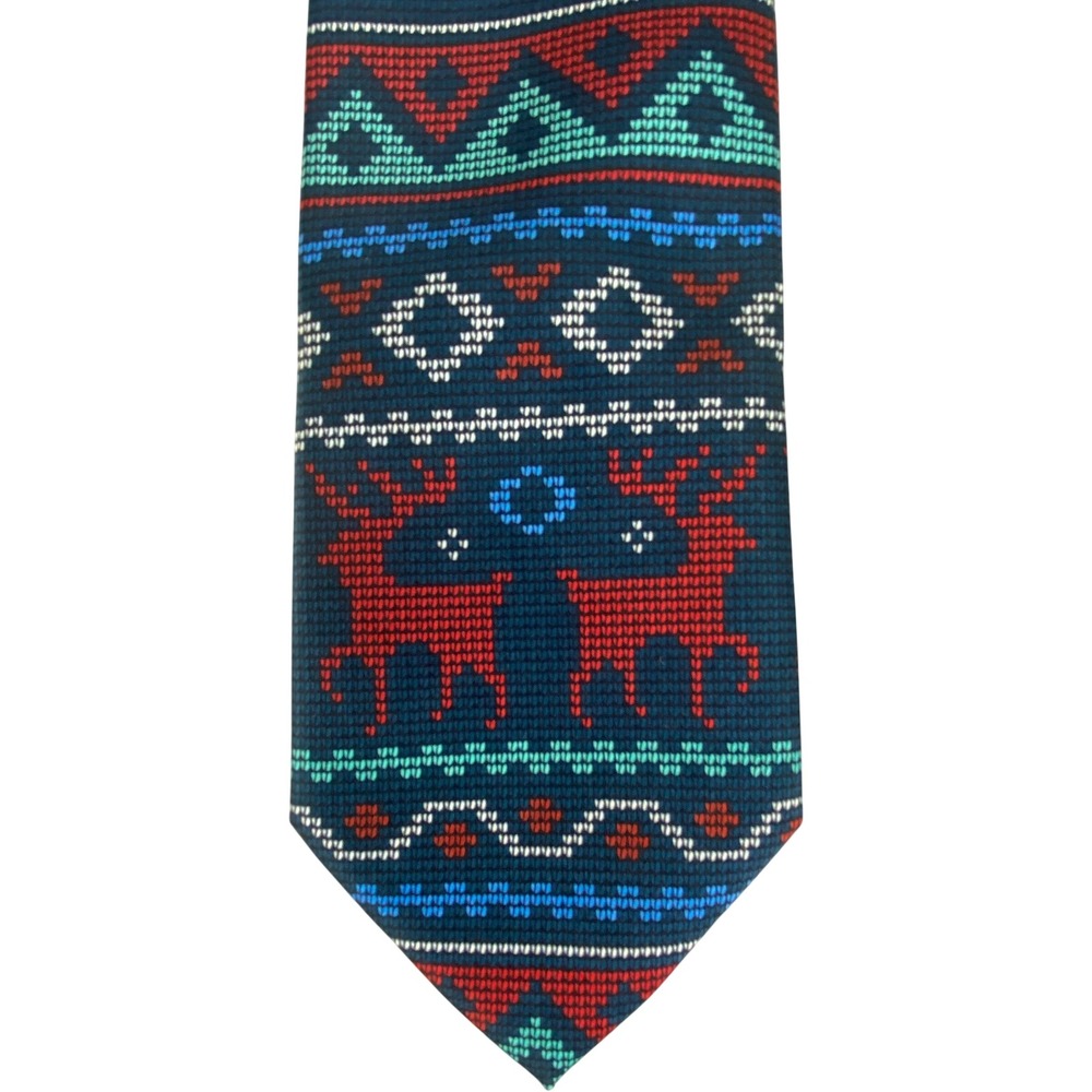 Tie Tales Mens Tie Holiday Reindeer Fair Isle Blue Red Christmas Southwest 58x3